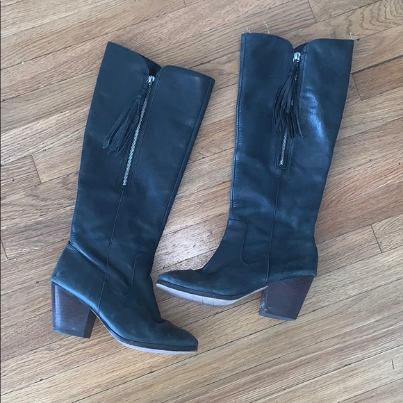 Matiko Shoes - Black To-The-Knee Boots with Tassel Side Zip